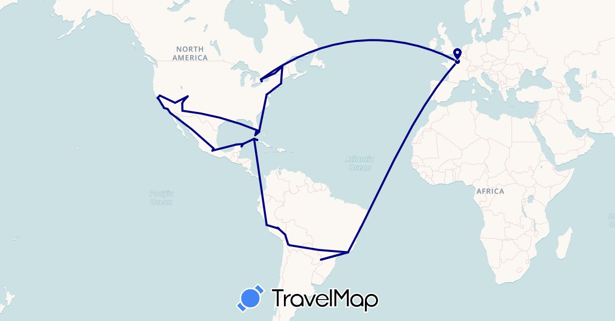 TravelMap itinerary: driving in Argentina, Bolivia, Brazil, Canada, Cuba, France, Mexico, Peru, United States (Europe, North America, South America)